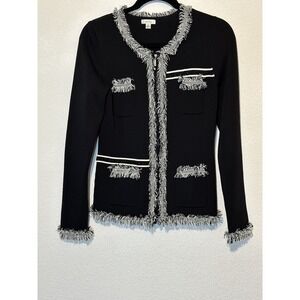 Cache Size M Full Zip Black Knit Top Cardigan Zip Fringe Bead Career Core Basic‎